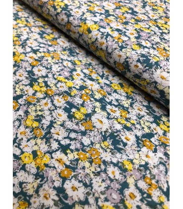 Popeline Imprimée Bio Fleurie jaune et verte